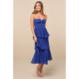 Lulus Seriously Sensational Cobalt Blue Strapless Tiered Midi Dress - Size XS